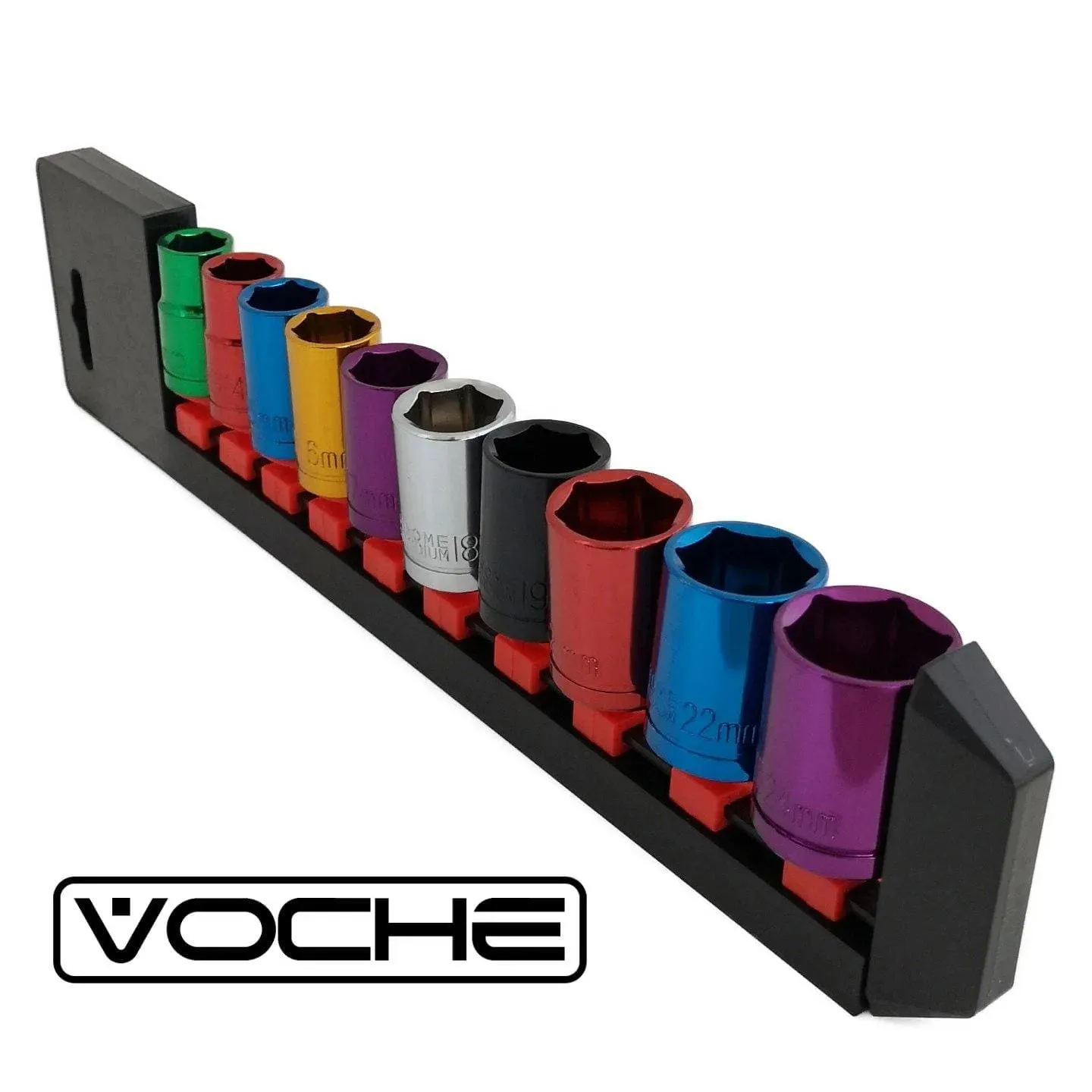 Voche® Pro 10 Piece 1/2" Drive Shallow Coloured Crv Socket Set Plus Storage Rail