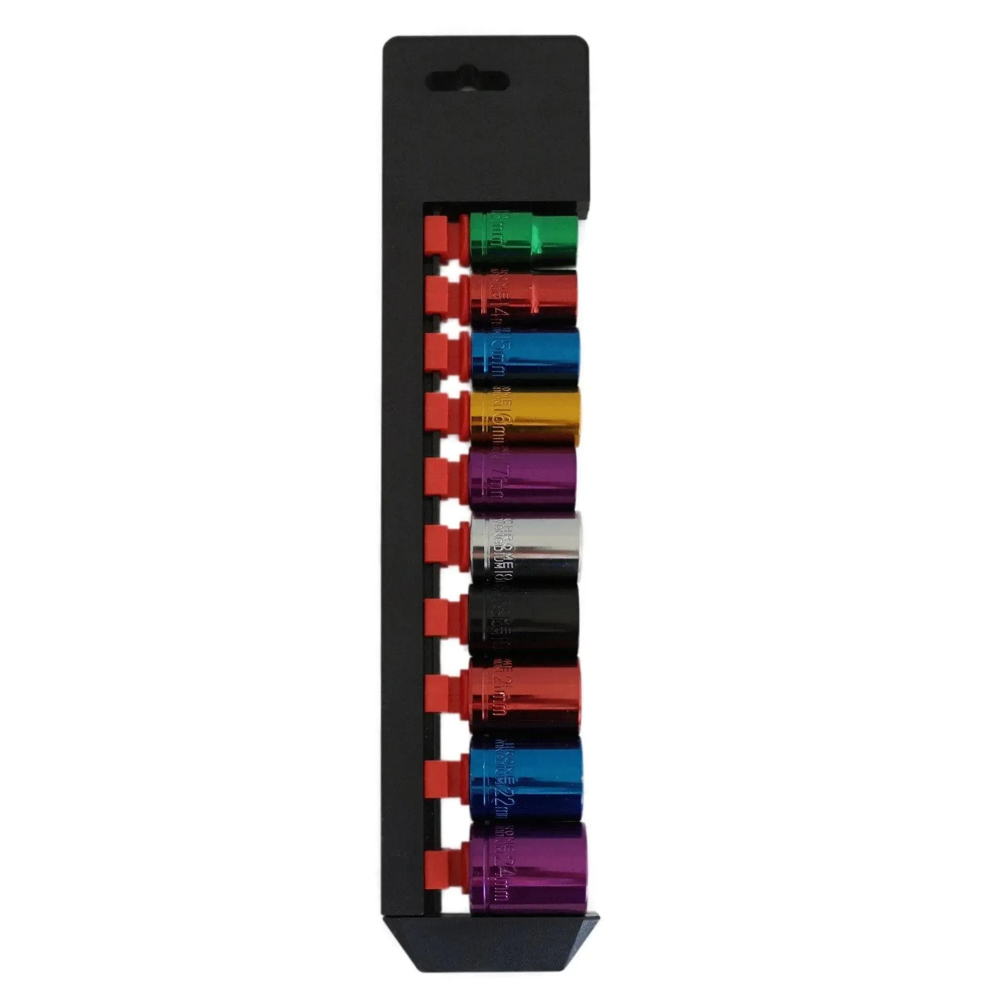 Voche® Pro 10 Piece 1/2" Drive Shallow Coloured Crv Socket Set Plus Storage Rail