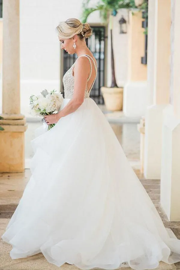 White A line Tulle Wedding Dresses, Cheap Long Prom Dress, SW90