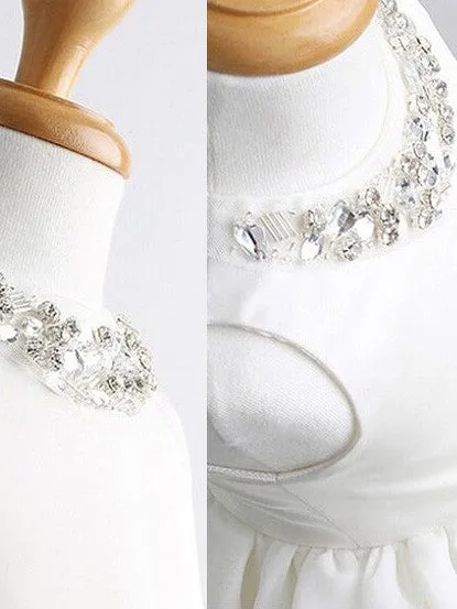 White Ball Gown Jewel Sleeveless Bowknot Long Satin Flower Girl Dress OK700