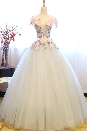 White Princess Deep V Neck Flowers Cap Sleeves Long Ball Gown Prom Dresses, Quinceanera Dress OK689