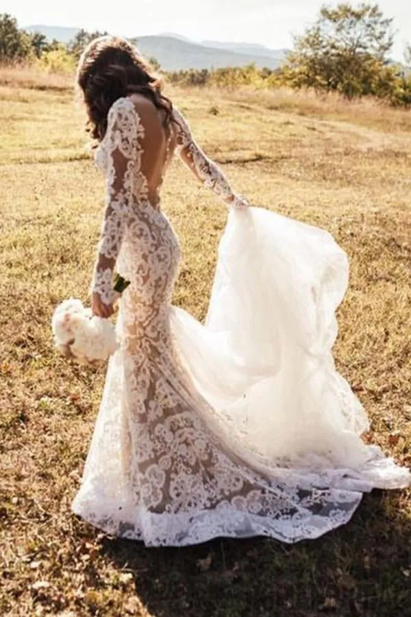White Romantic Wedding Dresses, Long Appliques Backless Wedding Dresses Lace , WD0324