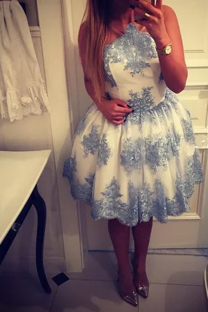 White Round Neck Sleeveless Short Prom Dress,Sheer Back Blue Appliques Cheap Homecoming Dress SH187
