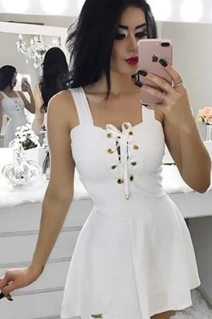 White Satin Short Prom Dress,A-Line Square Homecoming Dress,Party Dress SH169