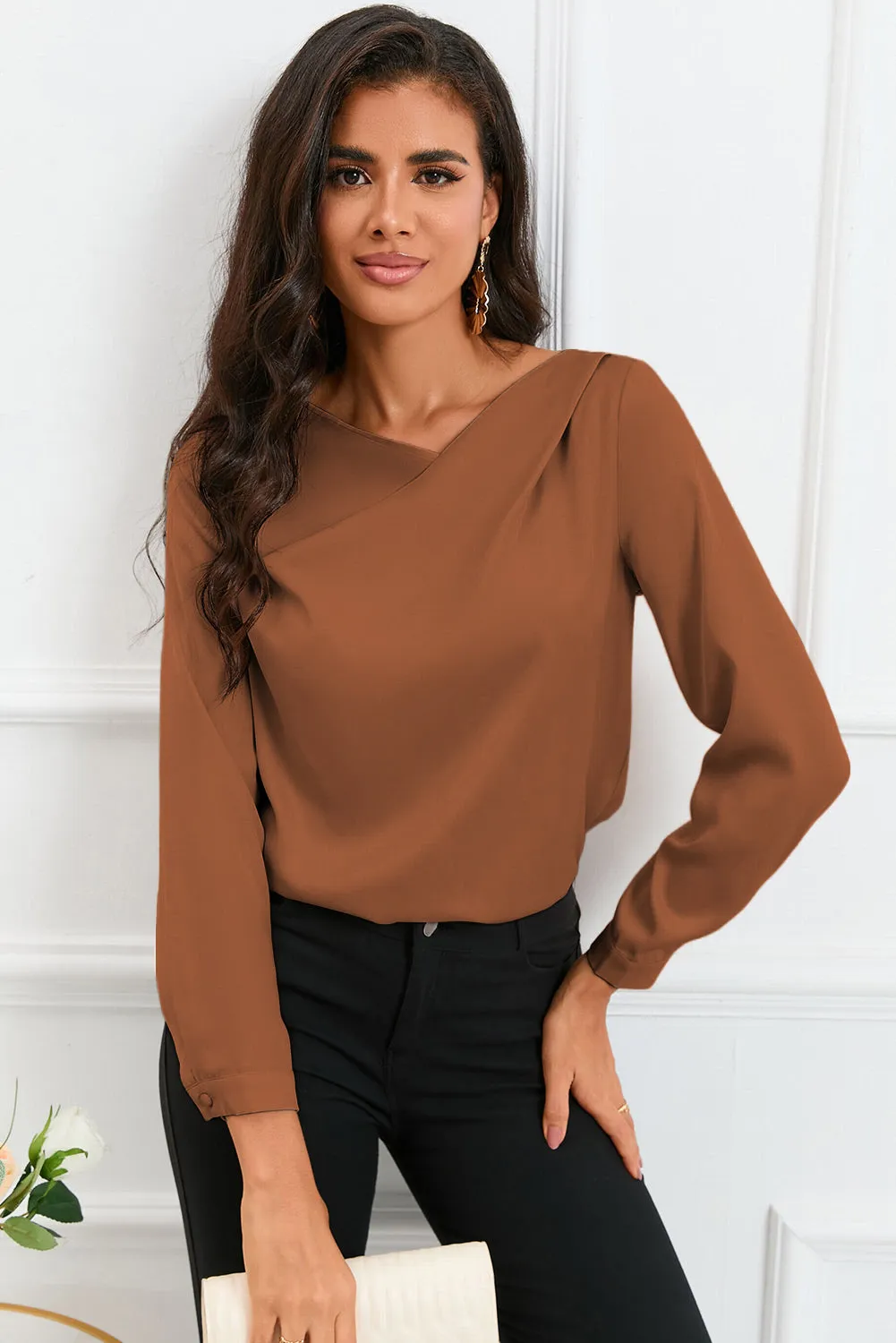 White Solid Asymmetric V Neck Long Sleeve Satin Blouse