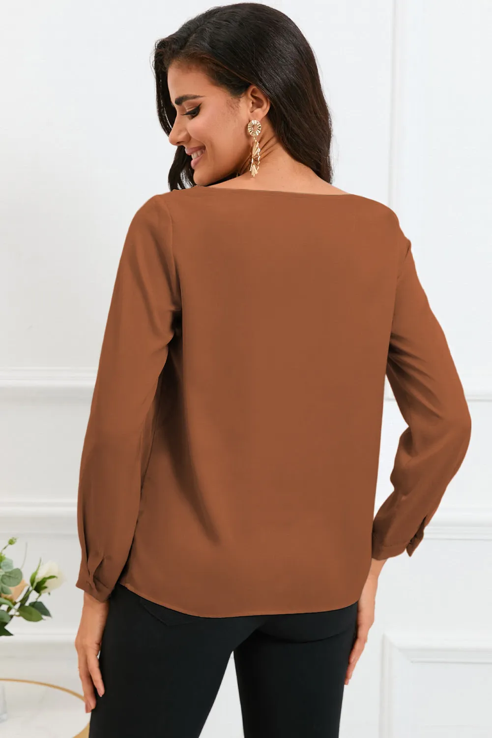 White Solid Asymmetric V Neck Long Sleeve Satin Blouse