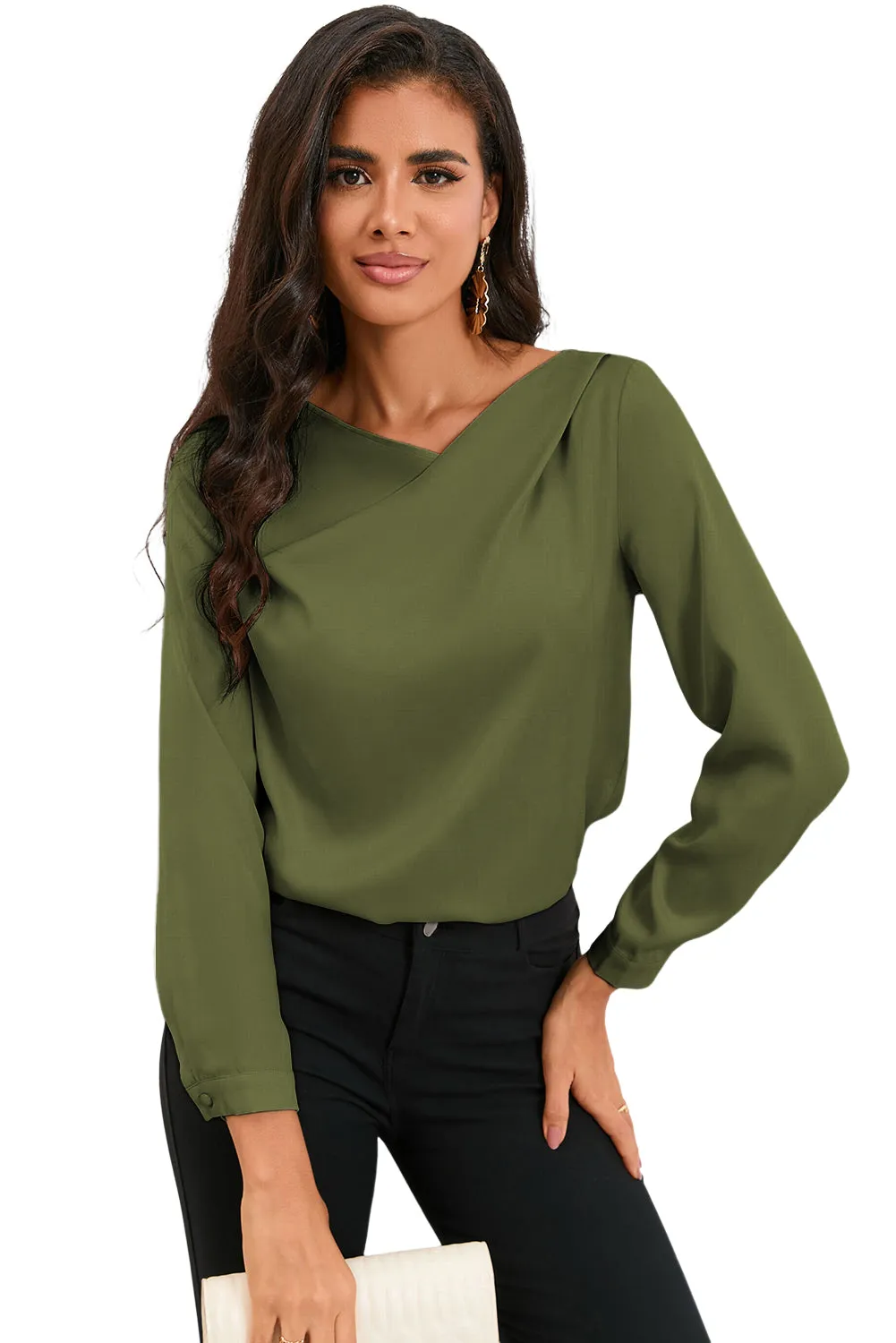 White Solid Asymmetric V Neck Long Sleeve Satin Blouse