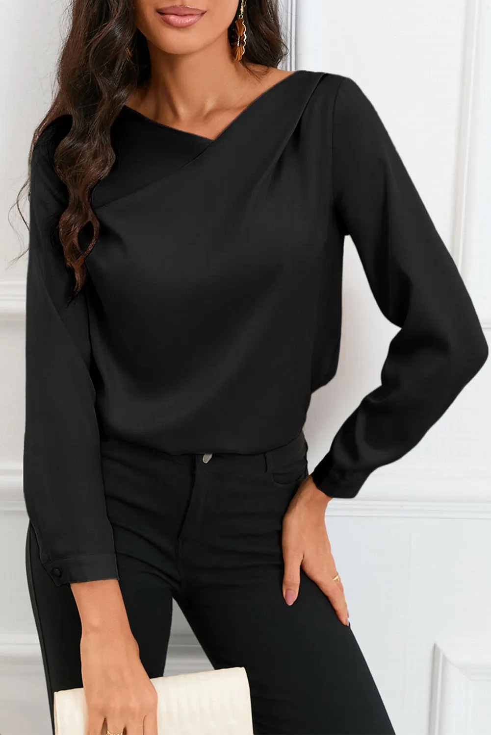 White Solid Asymmetric V Neck Long Sleeve Satin Blouse