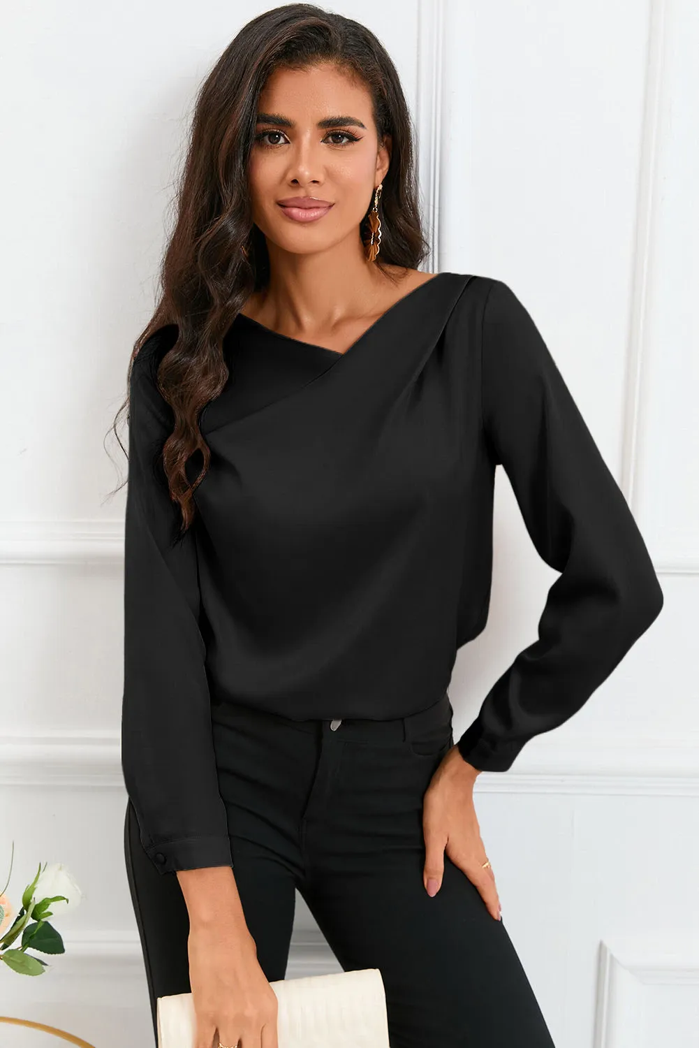 White Solid Asymmetric V Neck Long Sleeve Satin Blouse