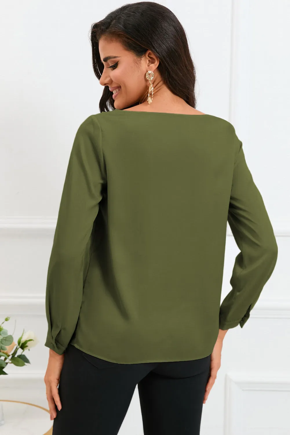 White Solid Asymmetric V Neck Long Sleeve Satin Blouse