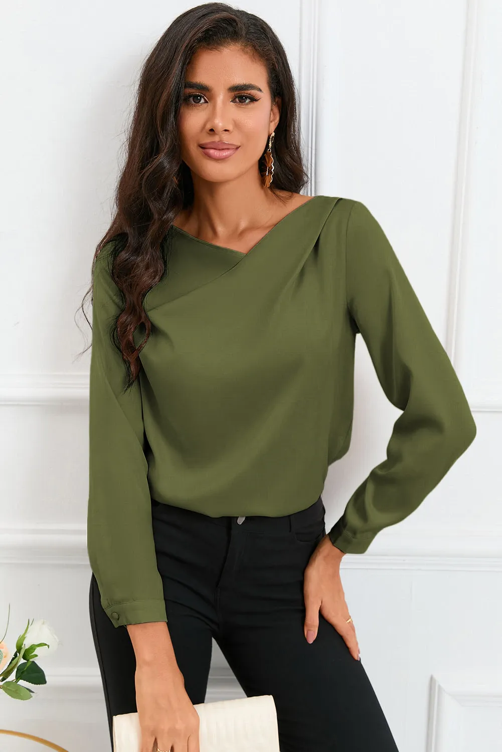 White Solid Asymmetric V Neck Long Sleeve Satin Blouse