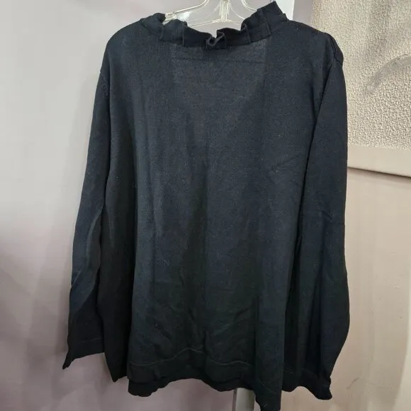 Women Sweater Top Shirt Plus 4X Black Ruffle Pull Over Thin V Neck Long Sleeve