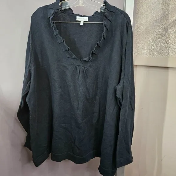 Women Sweater Top Shirt Plus 4X Black Ruffle Pull Over Thin V Neck Long Sleeve