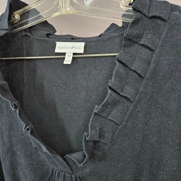 Women Sweater Top Shirt Plus 4X Black Ruffle Pull Over Thin V Neck Long Sleeve