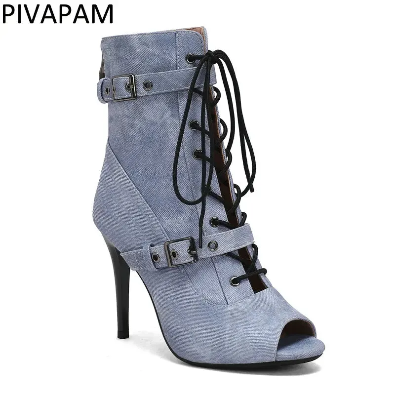 Womens Denim Sexy High Heels Sandals Summer Fashion Peep Toe Dance Boots Stilettos Heels Jazz Dance Female Shoes Platform Pumps