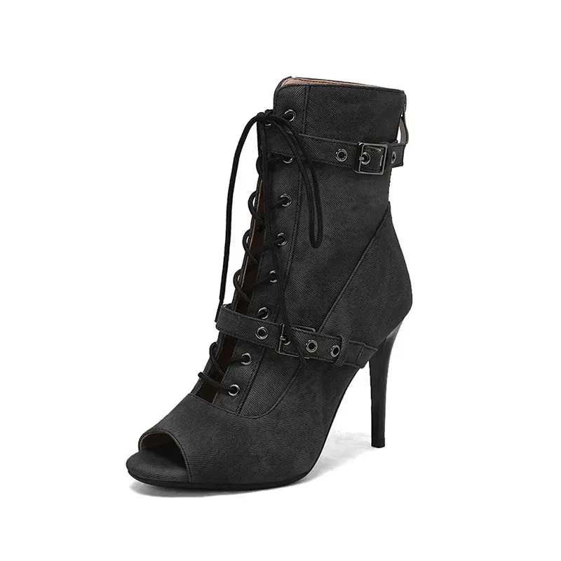 Womens Denim Sexy High Heels Sandals Summer Fashion Peep Toe Dance Boots Stilettos Heels Jazz Dance Female Shoes Platform Pumps