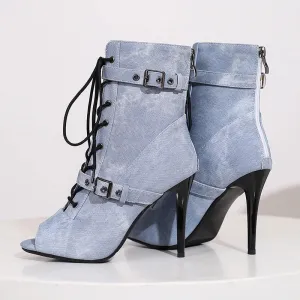 Womens Denim Sexy High Heels Sandals Summer Fashion Peep Toe Dance Boots Stilettos Heels Jazz Dance Female Shoes Platform Pumps