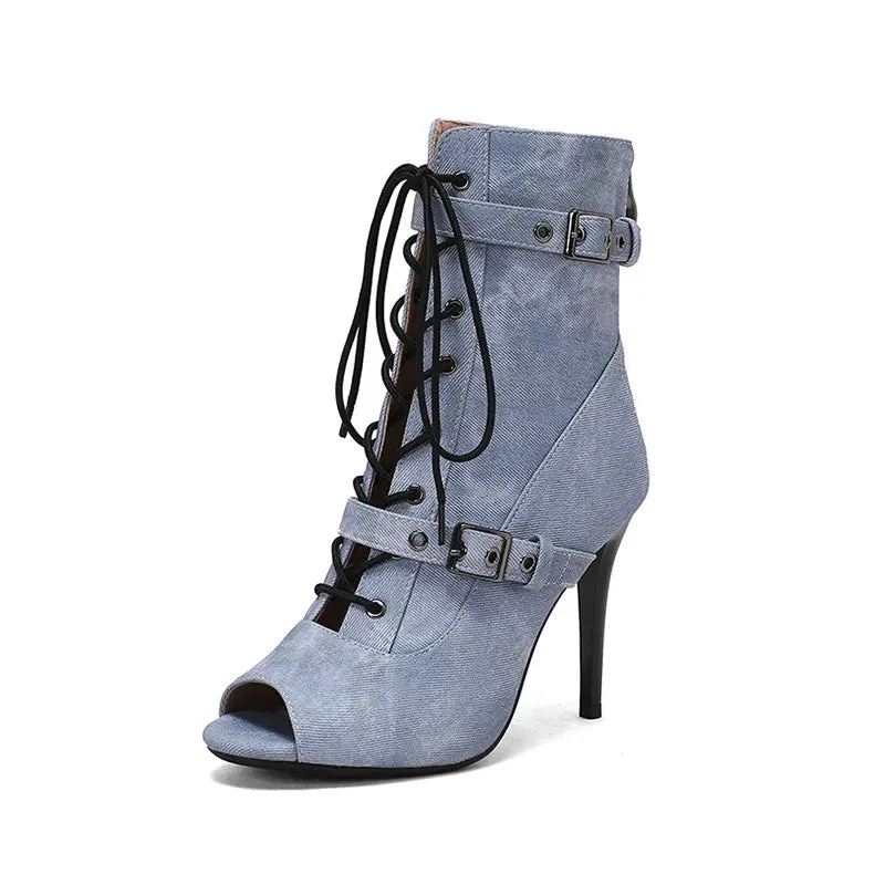 Womens Denim Sexy High Heels Sandals Summer Fashion Peep Toe Dance Boots Stilettos Heels Jazz Dance Female Shoes Platform Pumps