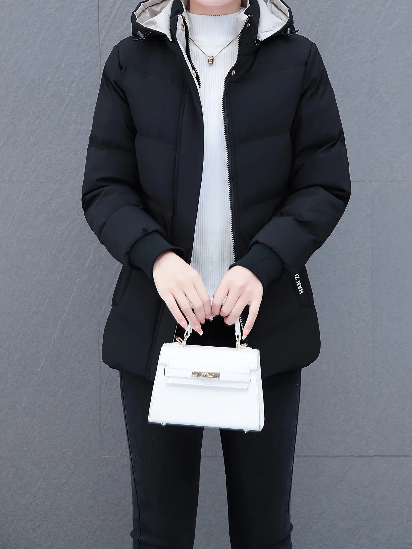 Women's Hooded Jacket - 100% Polyester Padded Warm Thickened Coat, Sports Style, Non-Stretch Fabric, Solid Color, Zipper Detail, Fall/Winter Season, Woven - Sports Hooded Puffer Jacket