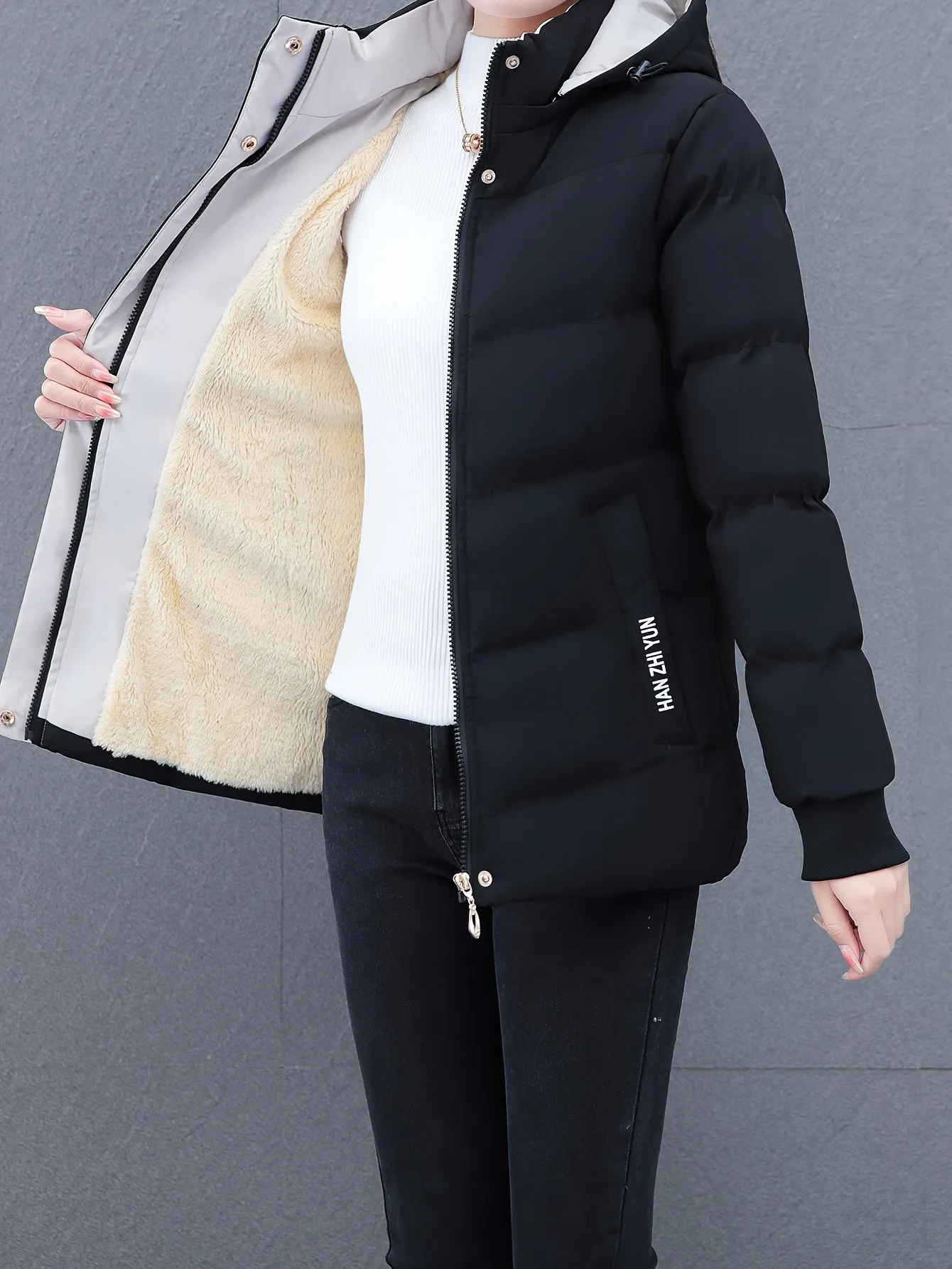 Women's Hooded Jacket - 100% Polyester Padded Warm Thickened Coat, Sports Style, Non-Stretch Fabric, Solid Color, Zipper Detail, Fall/Winter Season, Woven - Sports Hooded Puffer Jacket