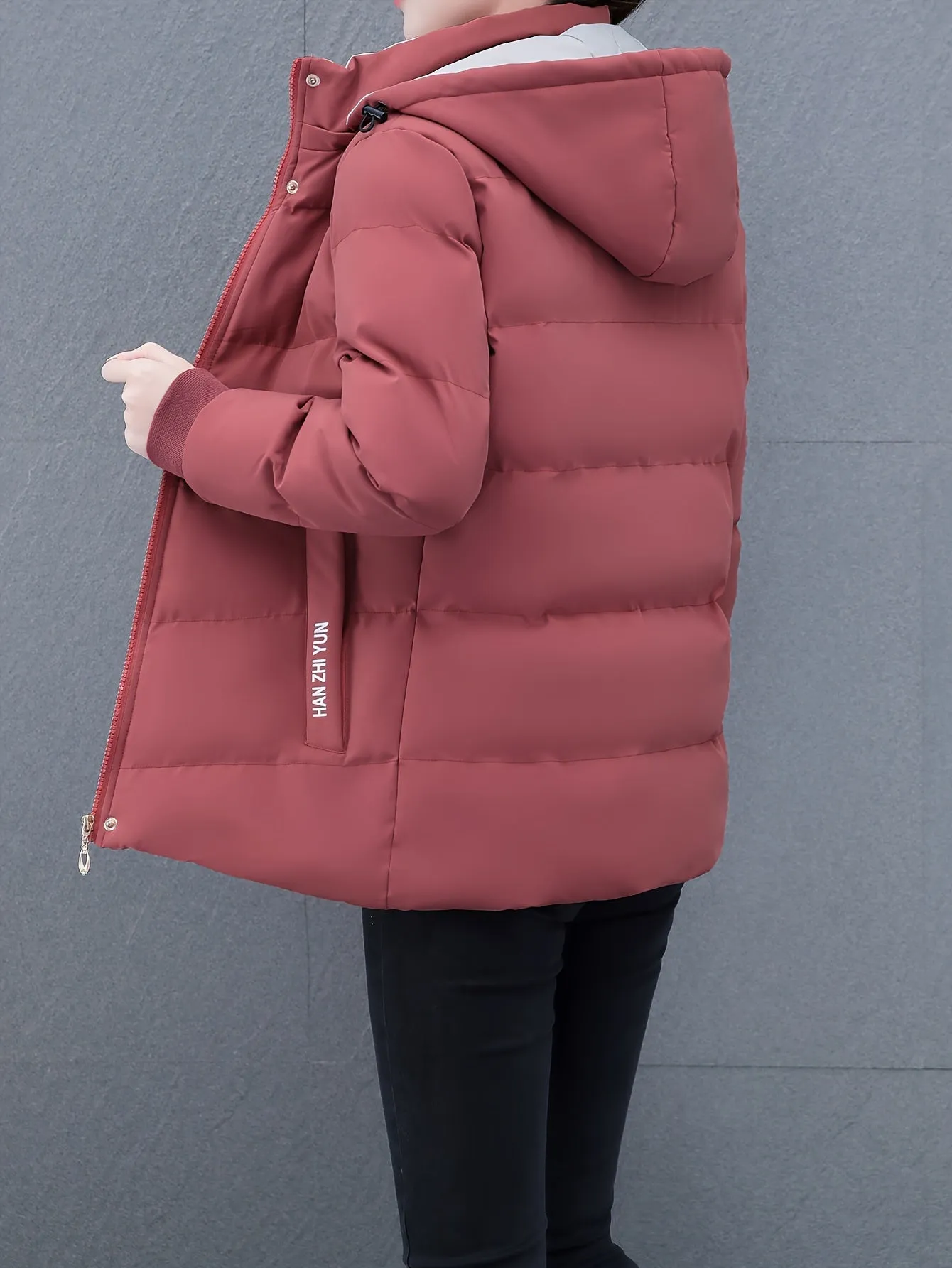 Women's Hooded Jacket - 100% Polyester Padded Warm Thickened Coat, Sports Style, Non-Stretch Fabric, Solid Color, Zipper Detail, Fall/Winter Season, Woven - Sports Hooded Puffer Jacket