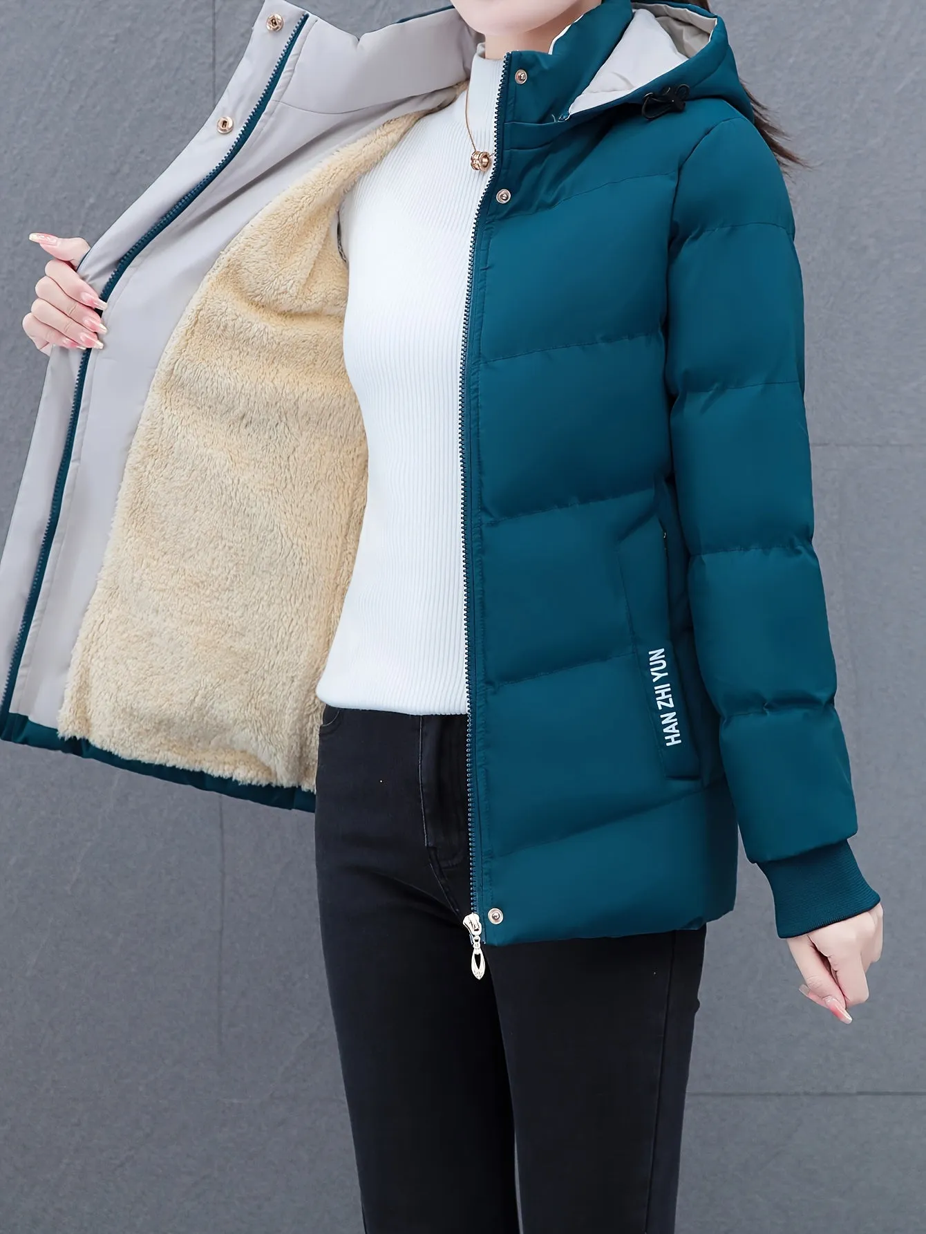 Women's Hooded Jacket - 100% Polyester Padded Warm Thickened Coat, Sports Style, Non-Stretch Fabric, Solid Color, Zipper Detail, Fall/Winter Season, Woven - Sports Hooded Puffer Jacket