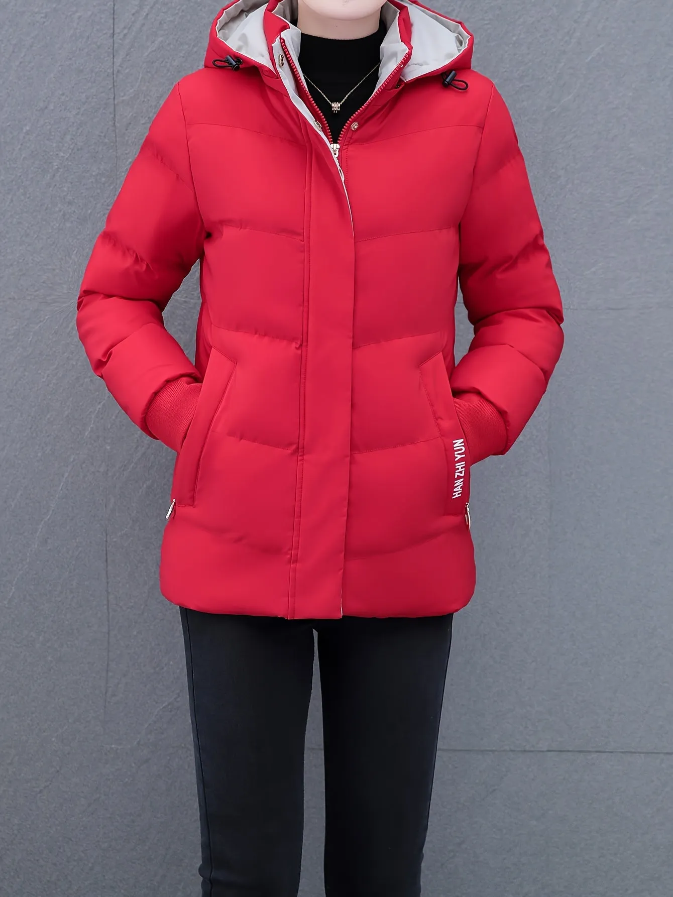 Women's Hooded Jacket - 100% Polyester Padded Warm Thickened Coat, Sports Style, Non-Stretch Fabric, Solid Color, Zipper Detail, Fall/Winter Season, Woven - Sports Hooded Puffer Jacket