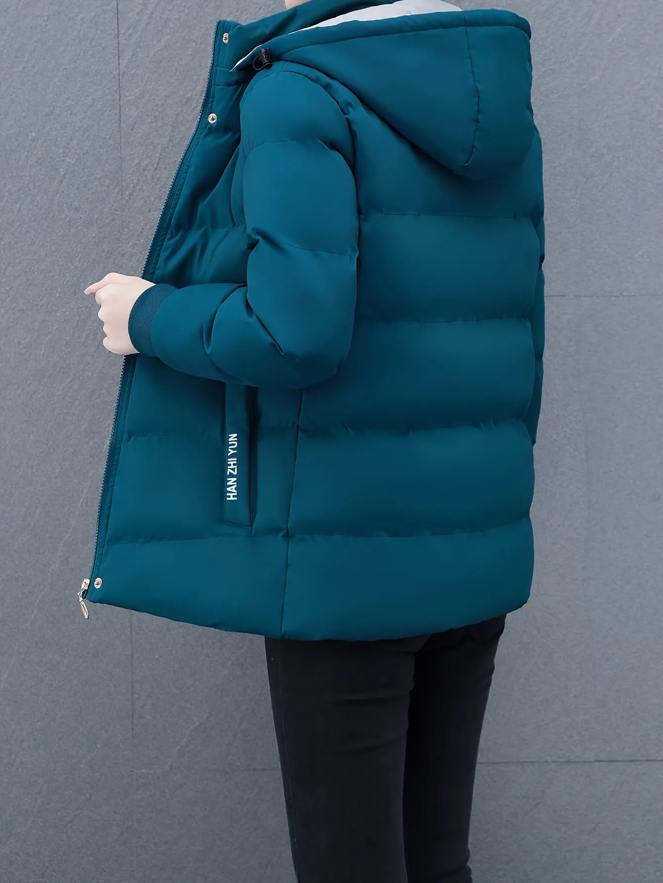 Women's Hooded Jacket - 100% Polyester Padded Warm Thickened Coat, Sports Style, Non-Stretch Fabric, Solid Color, Zipper Detail, Fall/Winter Season, Woven - Sports Hooded Puffer Jacket