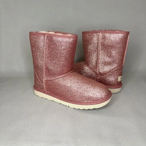 Womens UGG Boots Pink Classic Short Glitter Sparkle Sz 5 (fits 6-7 Runs Large )