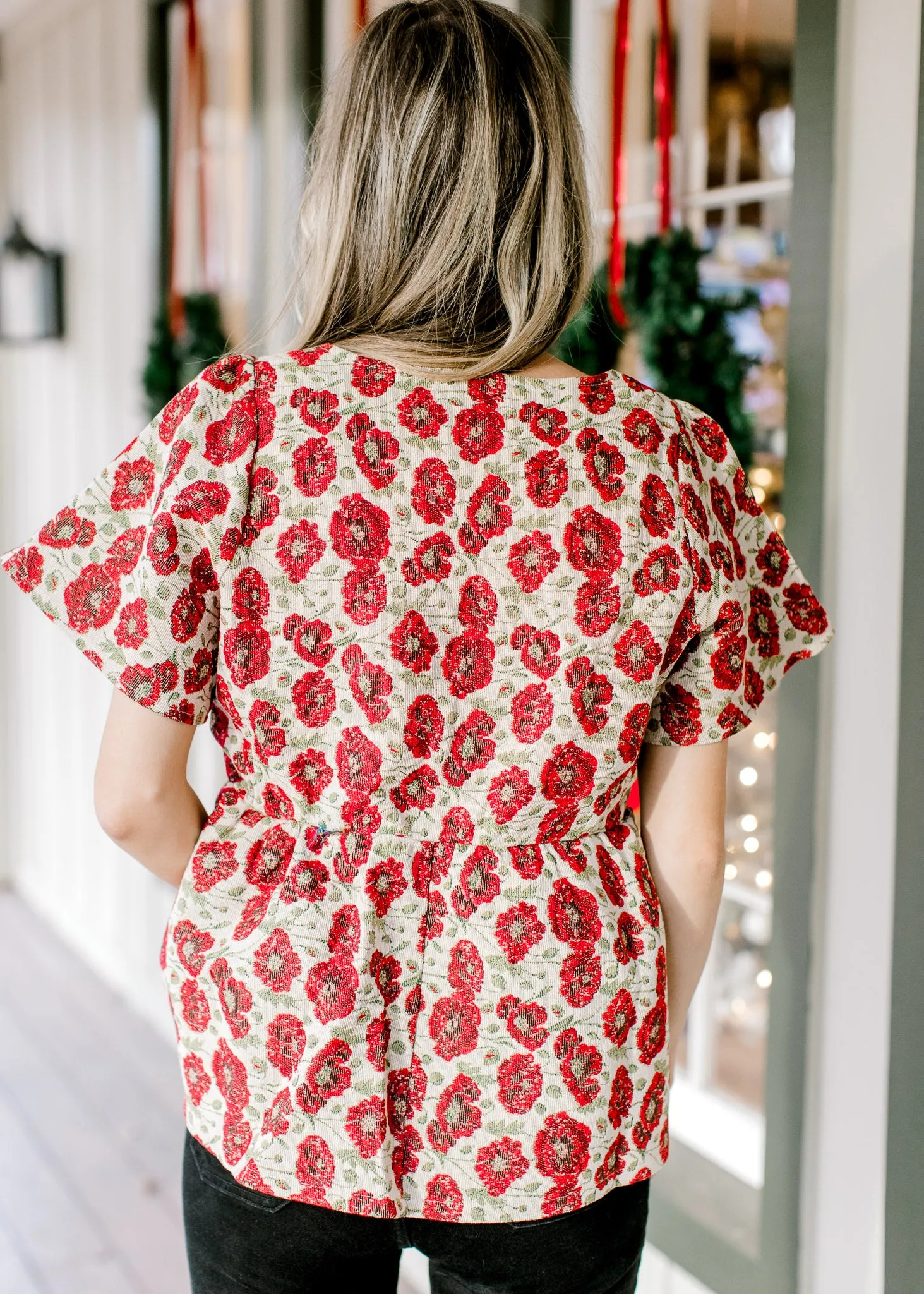 X Red Flowers Brocade Top