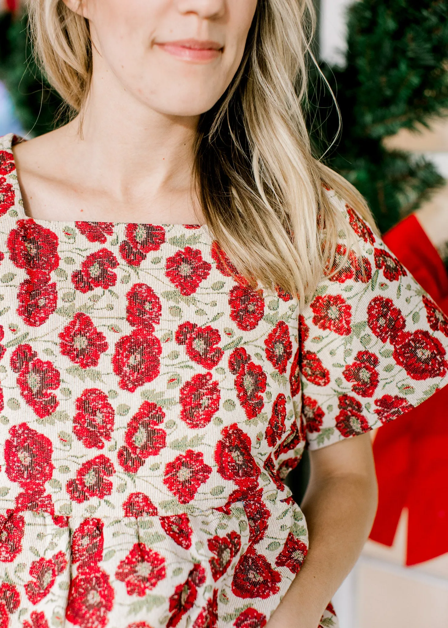 X Red Flowers Brocade Top
