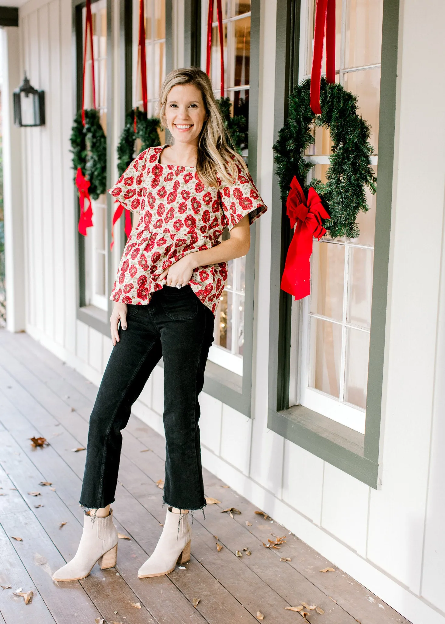 X Red Flowers Brocade Top