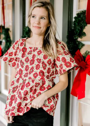 X Red Flowers Brocade Top