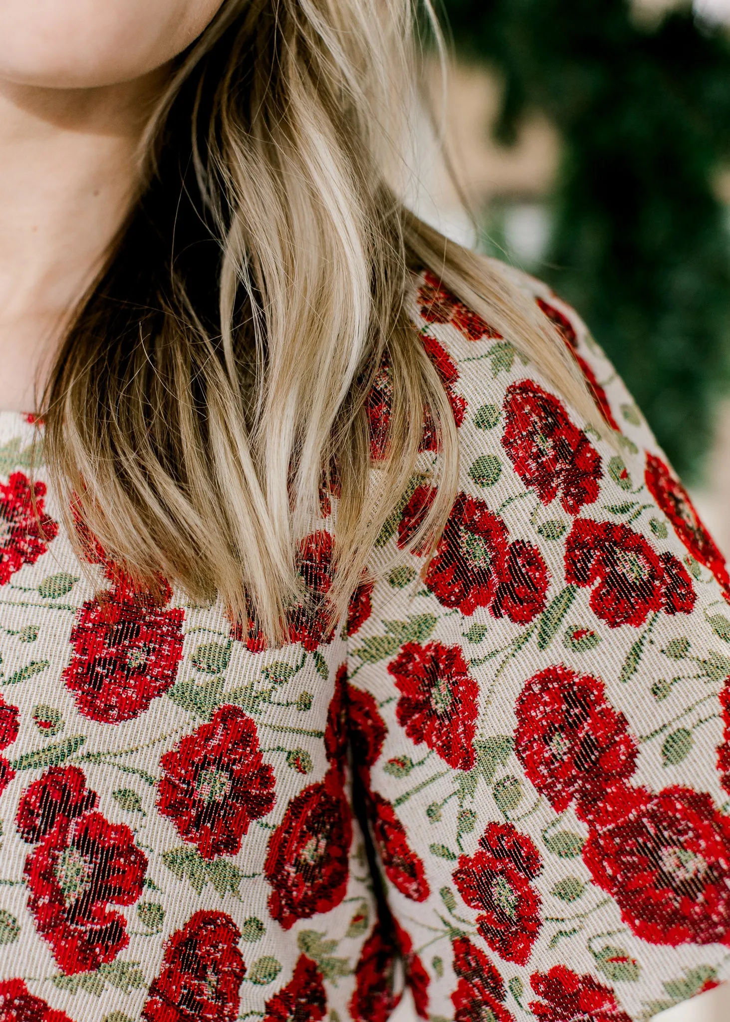 X Red Flowers Brocade Top