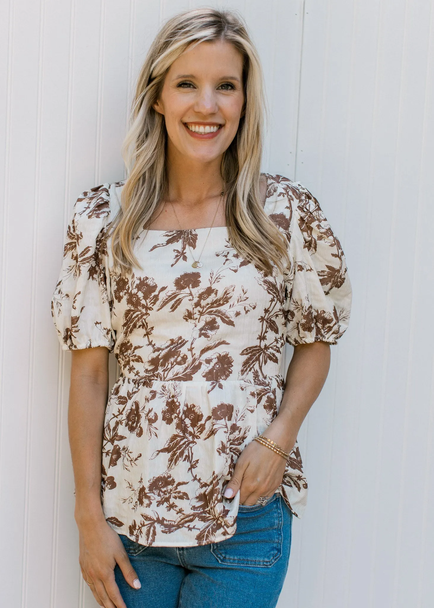 XZ Mocha and Cream Graphic Floral Top