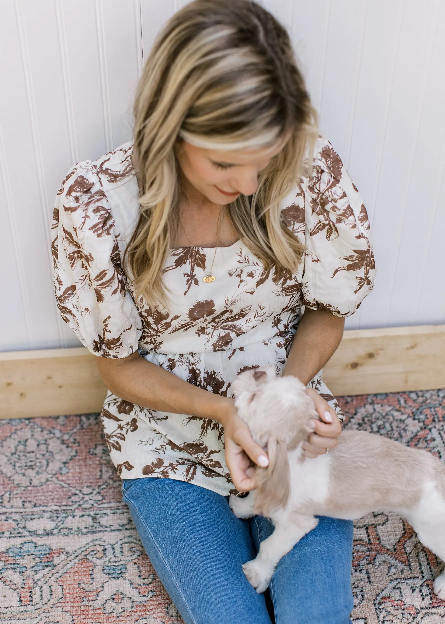 XZ Mocha and Cream Graphic Floral Top