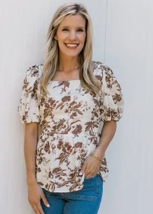 XZ Mocha and Cream Graphic Floral Top