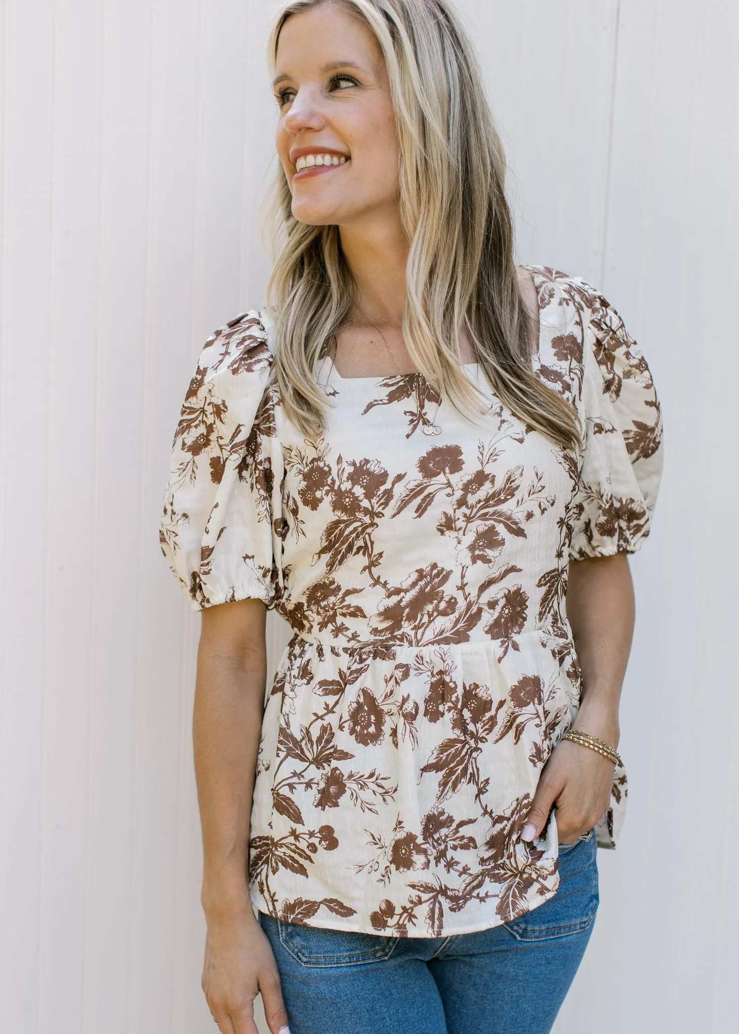 XZ Mocha and Cream Graphic Floral Top