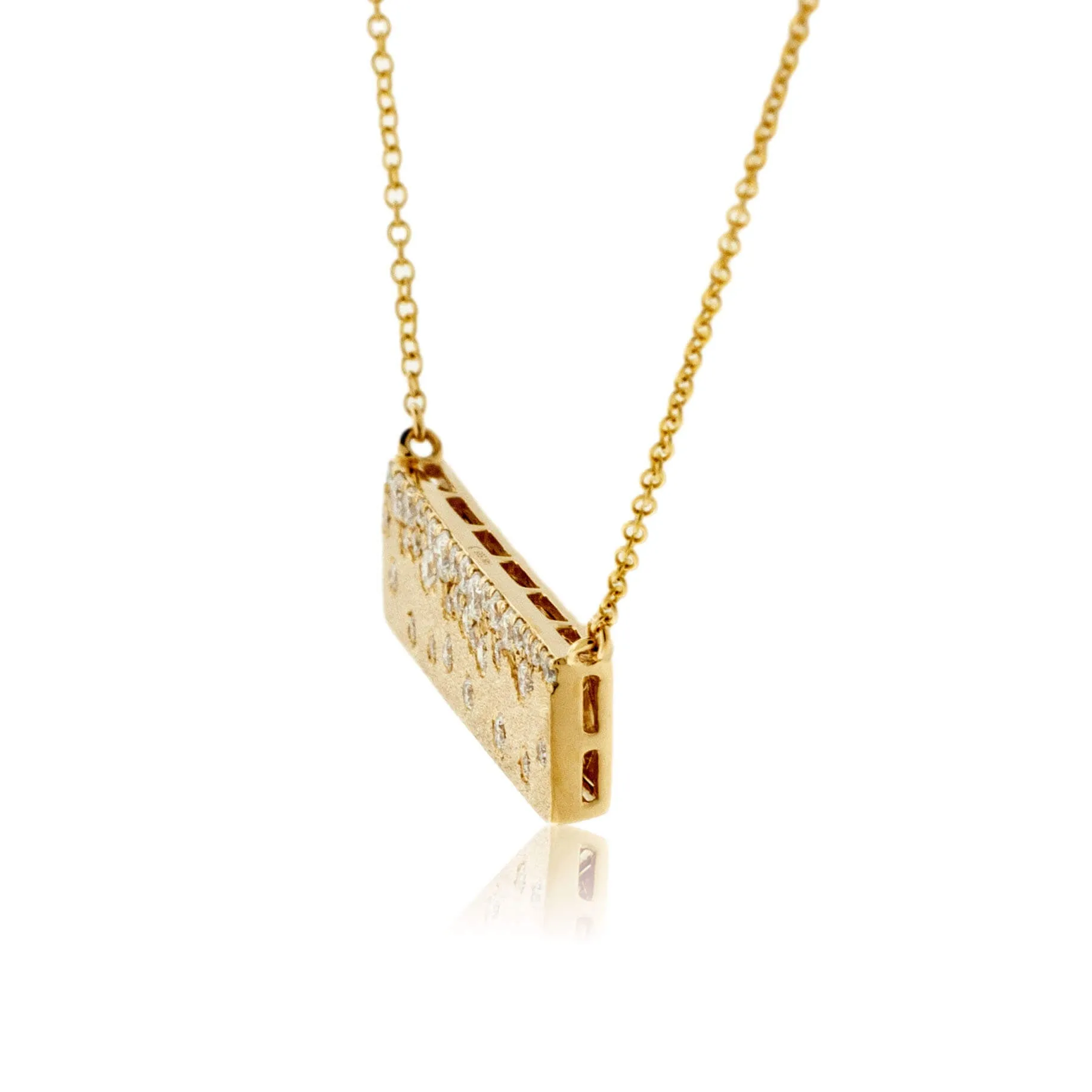 Yellow Gold Satin Finish Flush Set Diamond Bar Necklace