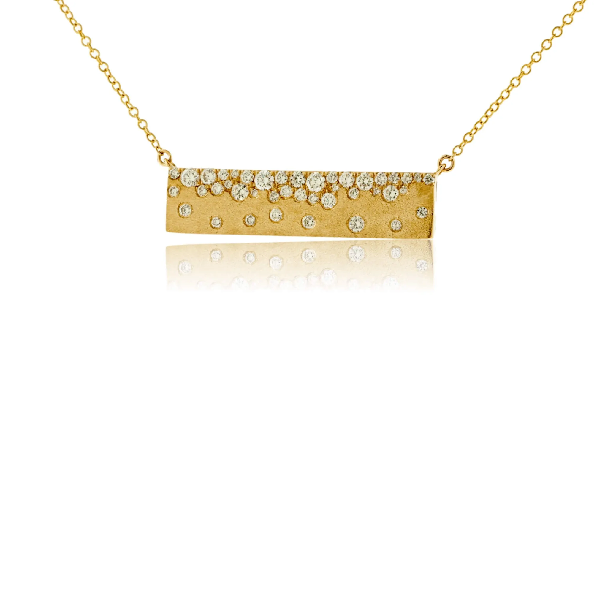 Yellow Gold Satin Finish Flush Set Diamond Bar Necklace