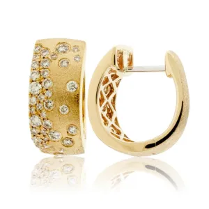 Yellow Gold Satin Finish Flush Set Diamond Earrings