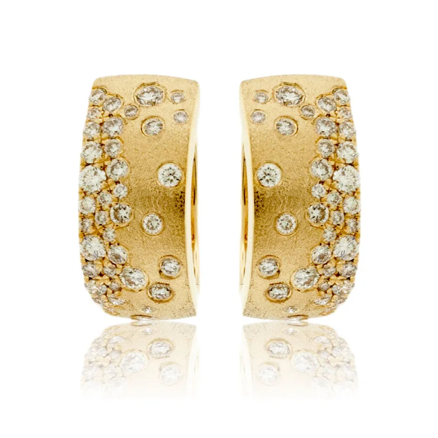 Yellow Gold Satin Finish Flush Set Diamond Earrings