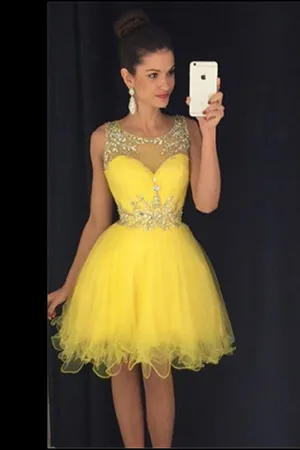 Yellow Sheer Sleeveless Sequins Layers Tulle Cheap Homecoming Dress,Party Dress SH142