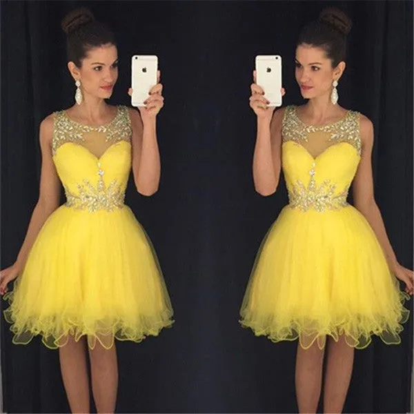 Yellow Sheer Sleeveless Sequins Layers Tulle Cheap Homecoming Dress,Party Dress SH142