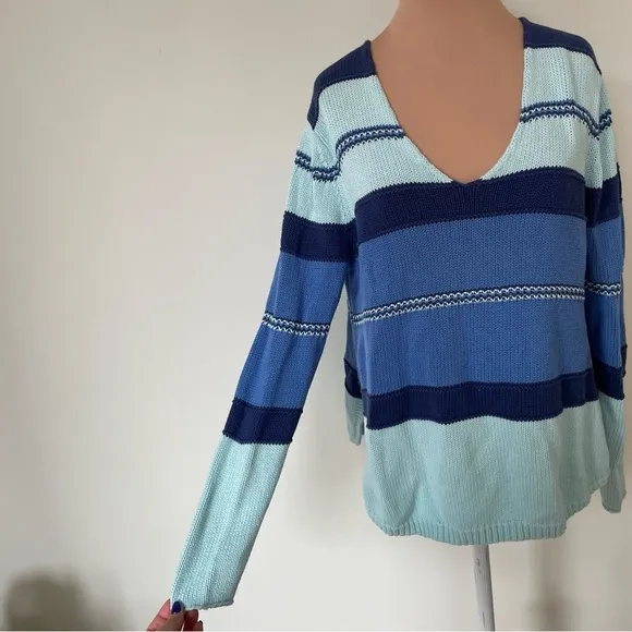 Zaket &amp; Plover Aqua Blue Multi Cotton Knit V-Neck Pullover Cozy Sweater EUC Sz S