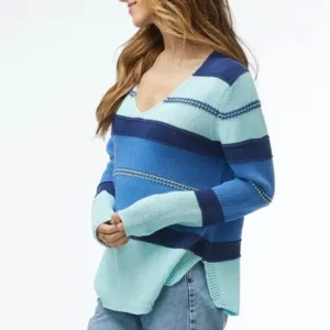 Zaket &amp; Plover Aqua Blue Multi Cotton Knit V-Neck Pullover Cozy Sweater EUC Sz S