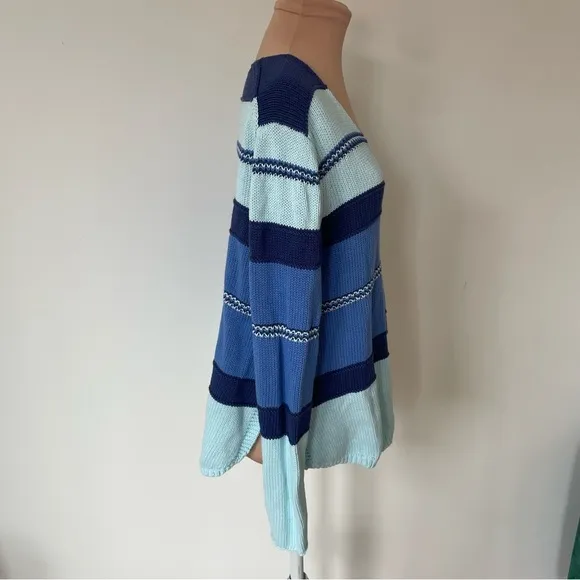 Zaket &amp; Plover Aqua Blue Multi Cotton Knit V-Neck Pullover Cozy Sweater EUC Sz S