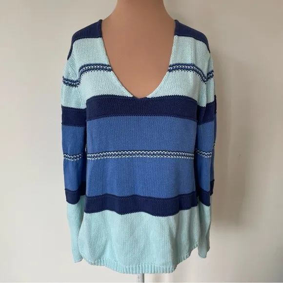 Zaket &amp; Plover Aqua Blue Multi Cotton Knit V-Neck Pullover Cozy Sweater EUC Sz S