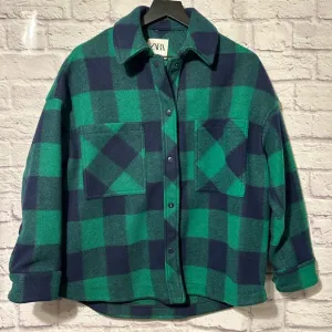 Zara flannel Oversized navy blue/green plaid shacket Jacket Size Small