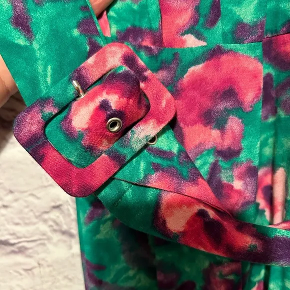 Zara Green / Pink Floral Midi / Maxi Dresx with Slit and Puff Cap Sleeves Size M